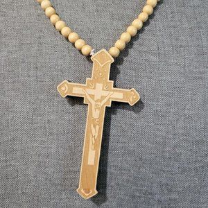 FaithHeart Wooden Cross Necklace with Wooden Beads. Brand New in Box. Unisex